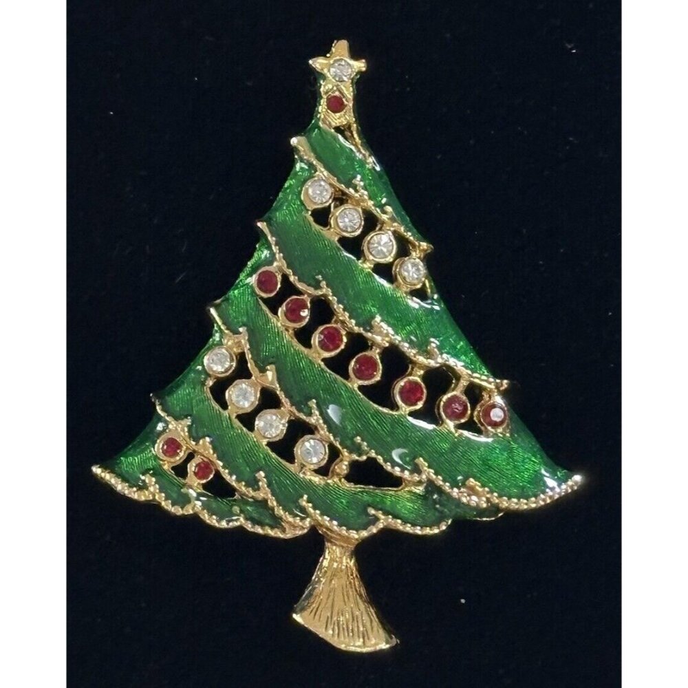 Christmas Tree Brooch Pin Green Enamel Scallop Branches Red Clear‎ Rhinestones